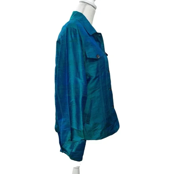 VTG ANU by Natural Silk Jacket XL Teal Blue Iridescent Shantung Top Art To Wear - Picture 2 of 11